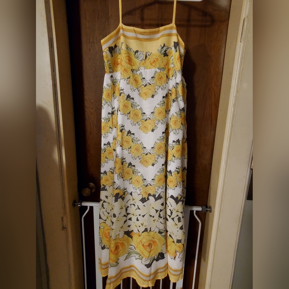 Dalia Macphee Vintage Yellow Floral Midi Dress Size Medium